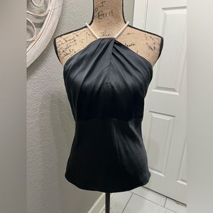 Michael Kors Black Satin Halter Pearl Blouse